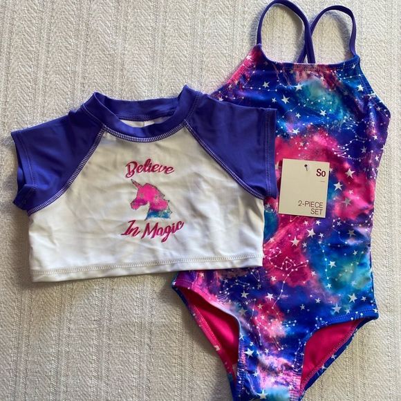 SO Girls 4/5 Constellation One-Piece Swimsuit & "Believe In Magic" Crewneck Top - Picture 1 of 7